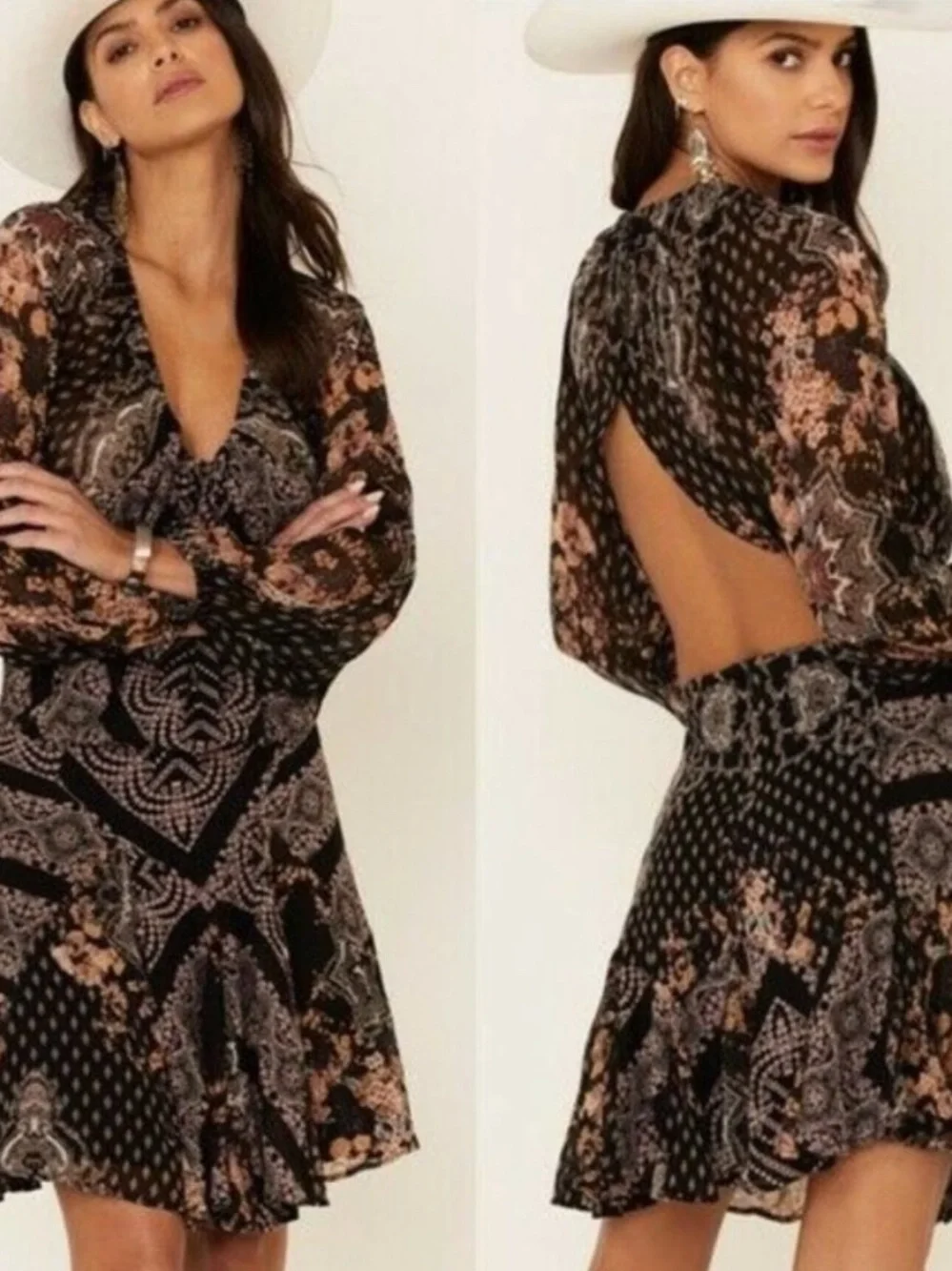Free People Black Floral Open-Back Long-Sleeve Mini Dress - Picture 4 of 11